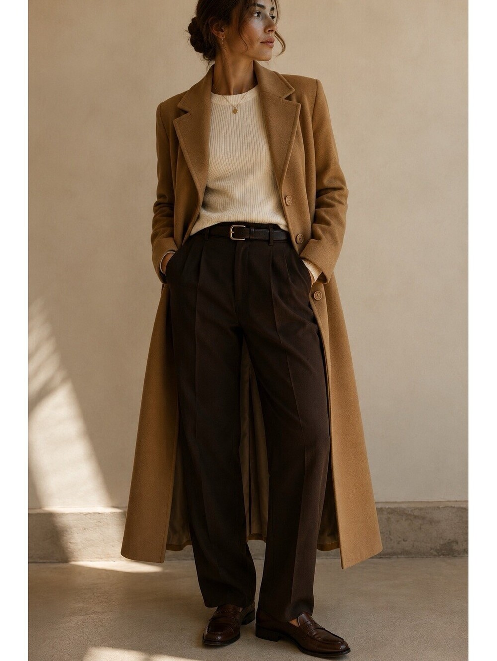 Vintage Womens Camel Long Wool Blend Coat Full Length Tailored Overcoat
